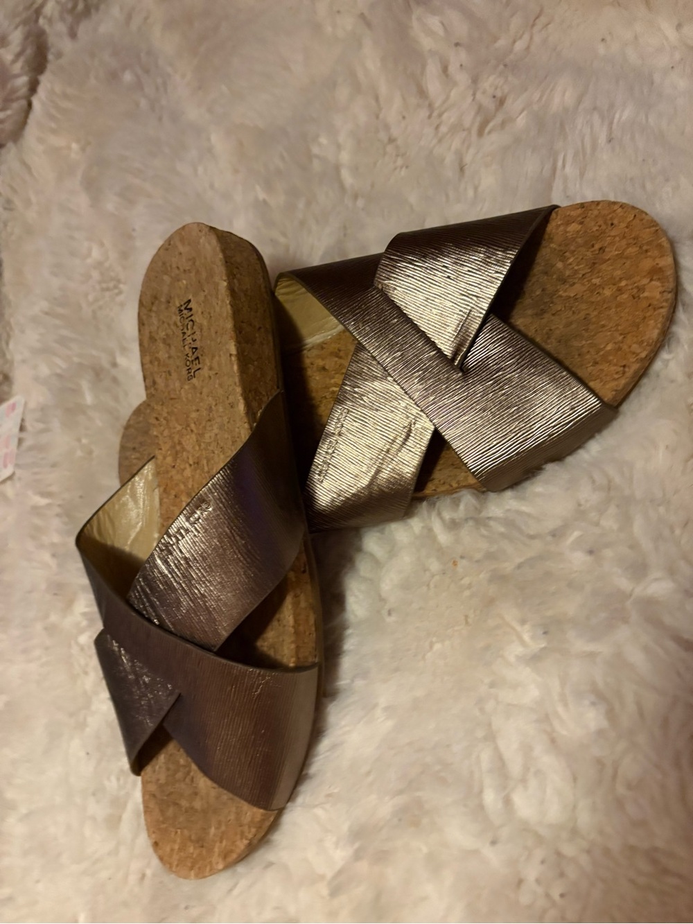 Michael Kors Metallic Bronze Crisscross Cork Slide Sandals